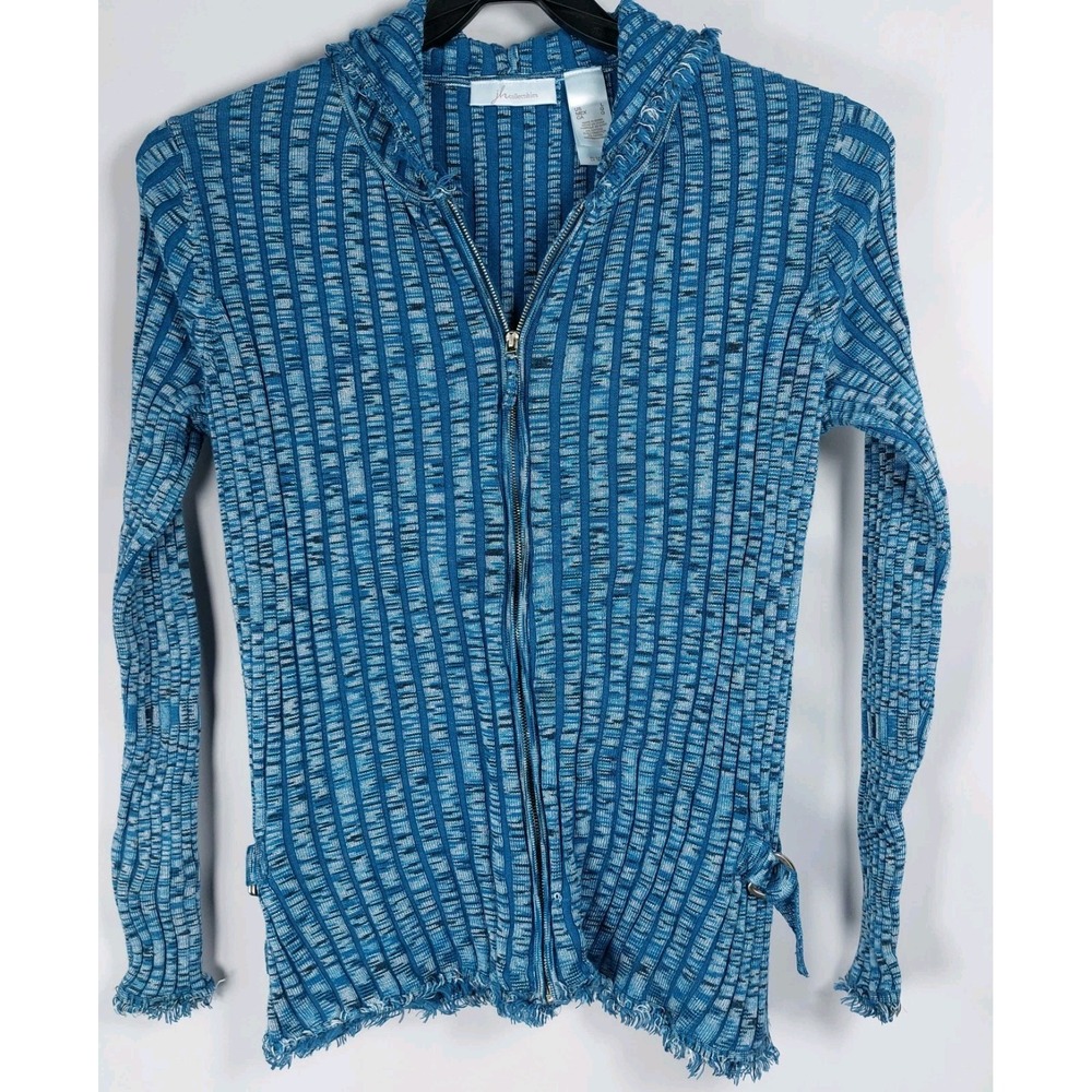 JH Collectibles Ribbed Full Zip Hooded‎ Sweater Size L Heather Blue Buckle Sides